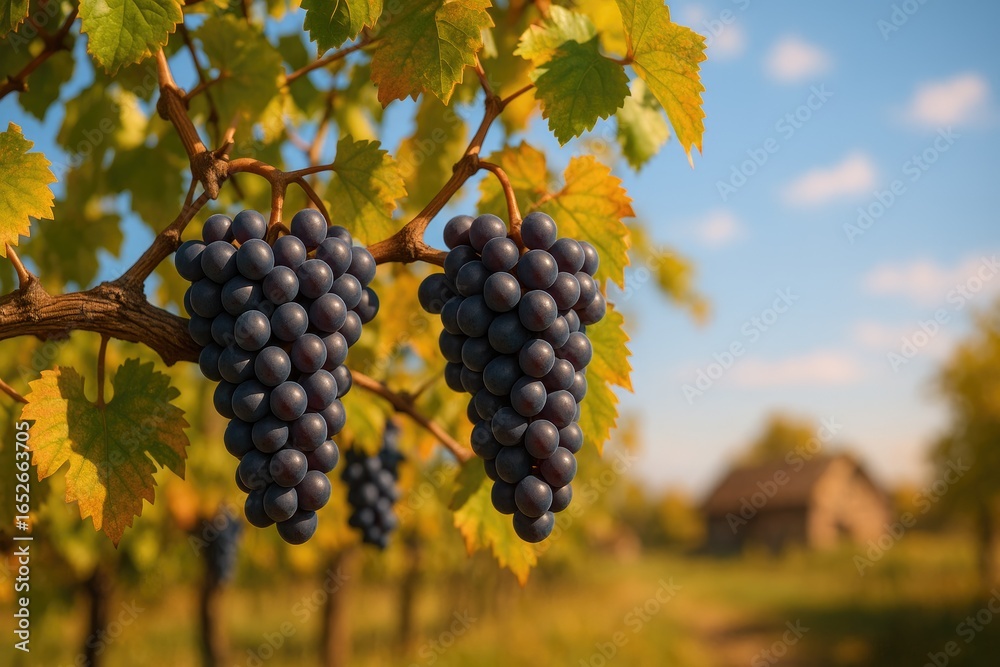 Fototapeta premium Vineyard Scene with Fresh Grapes During Fall Sunshine