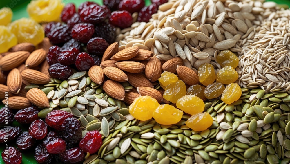 Obraz premium Assorted snack blend featuring almonds, dried cranberries, yellow raisins, pumpkin seeds, and sunflower seeds