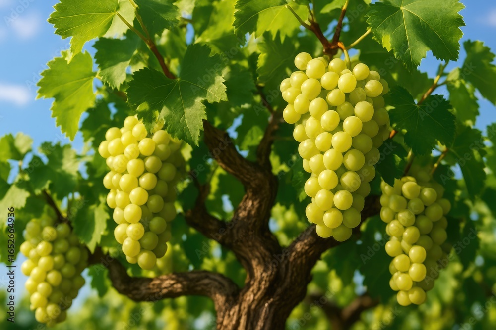 Fototapeta premium Clustered grapes growing on a tree