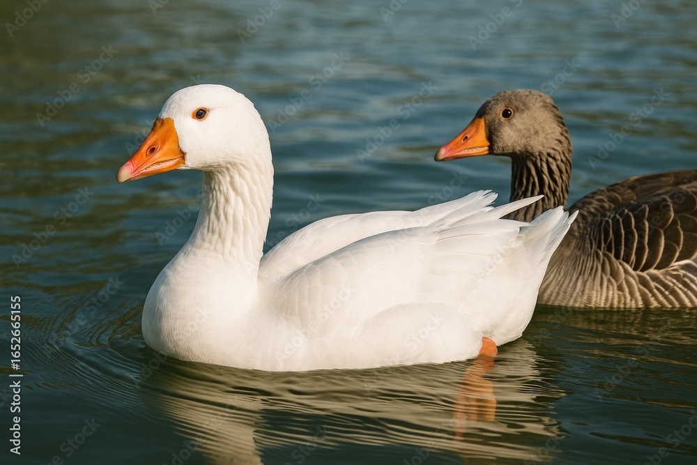 Obraz premium Detailed view of geese with white and grey plumage