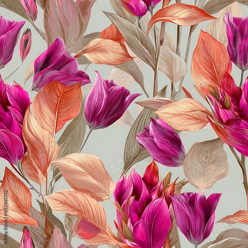 Seamless floral pattern with pink tulips and orange leaves on a light background