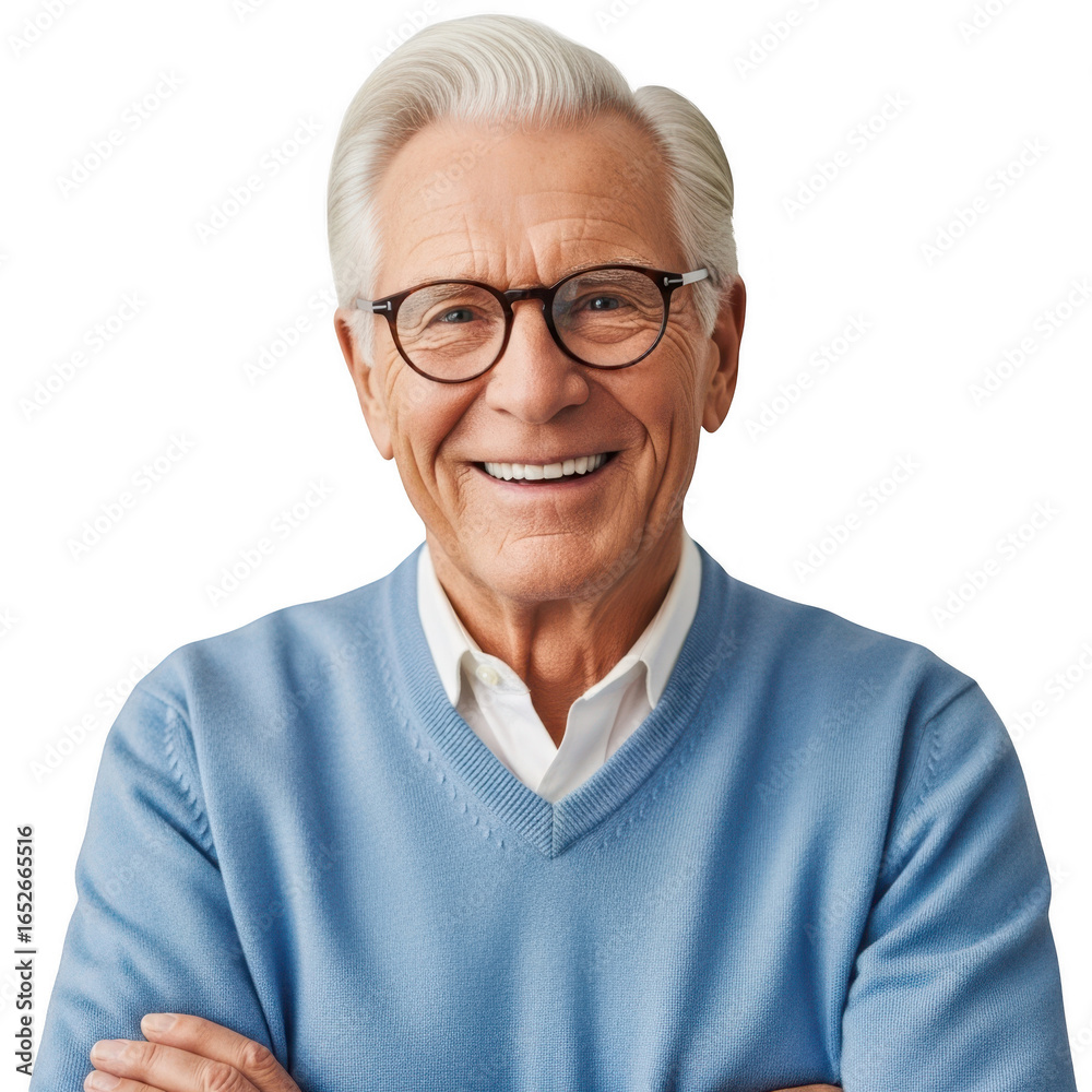 Fototapeta premium Smiling elderly man with glasses and blue sweater isolated on transparent background