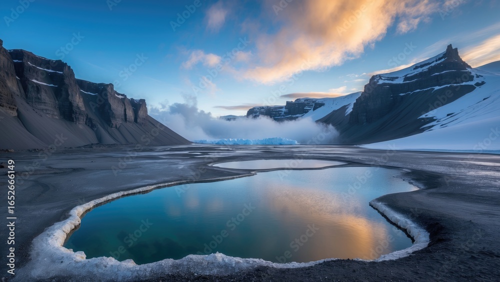 Obraz premium Volcanic crater featuring a geothermal lake during summer