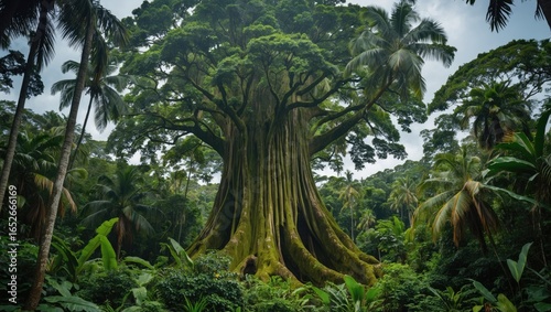 Enormous tropical forest tree located within the dense Amazon rainforest