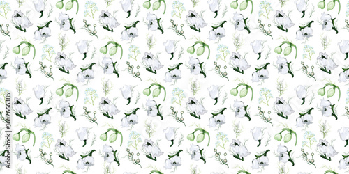 seamless pattern with flower of lily of the valley, primrose. realistic spring elements isolated on a white background. scetch botanical patterns for print, papper, wallpaper. art  illustration.