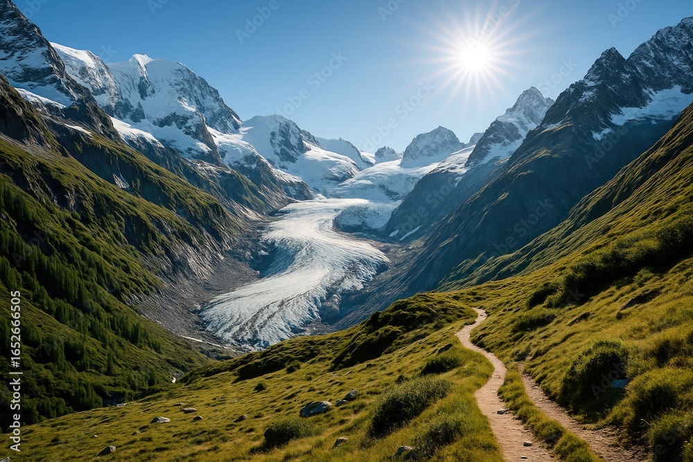 Fototapeta premium Frozen peaks surrounding a lush mountain valley
