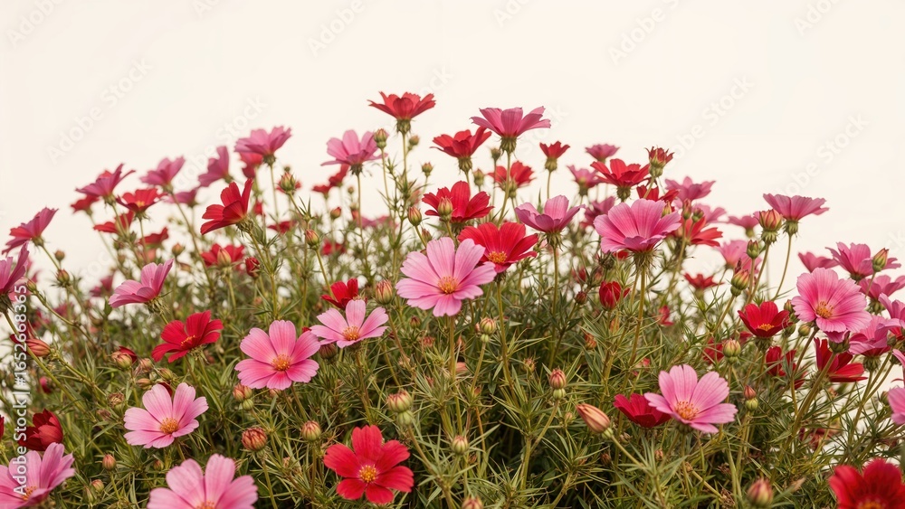 Obraz premium Summer flowerbed with vibrant pink and red cosmos blossoms
