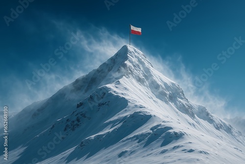 Fototapeta Naklejka Na Ścianę i Meble -  Triumph and National Pride: Polish Flag on Snowy Mountain Peak - Inspiring Success and Achievement for Business, Travel and Patriotic Concepts