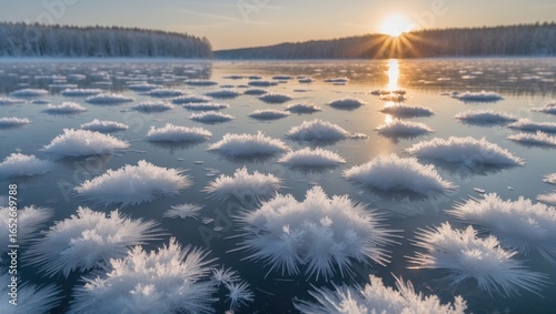 Winter landscape by a lakeside displaying delicate ice patterns on the frozen surface with sunlight glow