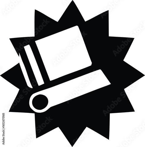 Stylized black and white icon of stacked books with a starburst background symbolizing knowledge and learning