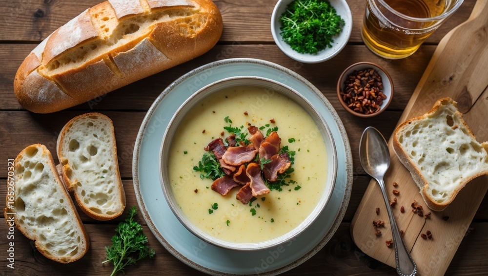 custom made wallpaper toronto digitalHearty cheese and bacon soup garnished with herbs served on a rustic wooden table