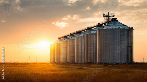 Grain elevator at sunset in rural landscape