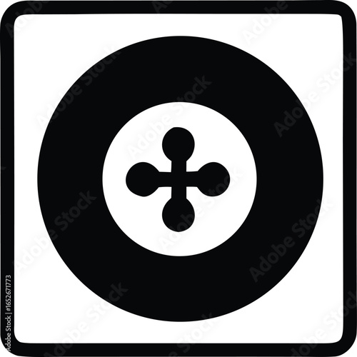 Simple black and white graphic icon representing a button with a cross shaped hole enclosed in a square frame