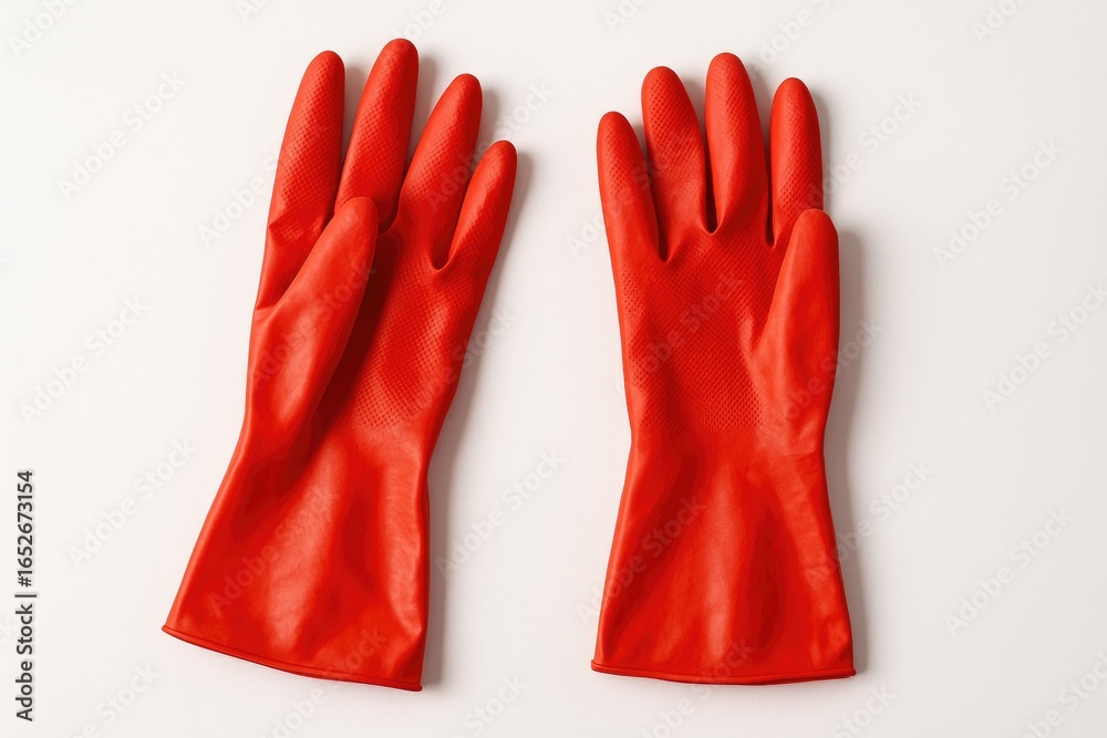 Obraz premium Red latex gloves displayed against a plain white backdrop
