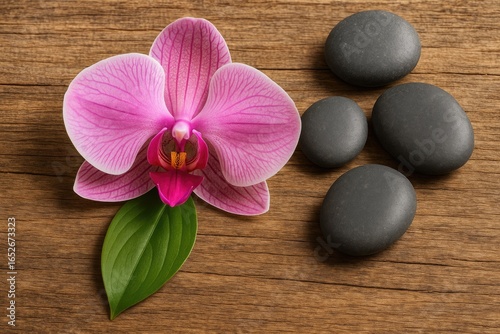 Elegant orchid resting on a wooden backdrop accompanied by spa stones