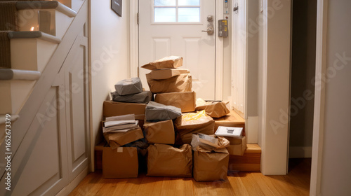 A food delivery pile-up at an apartment door. Symbol of a major environmental problem caused by urban overconsumption waste. Abstract image.