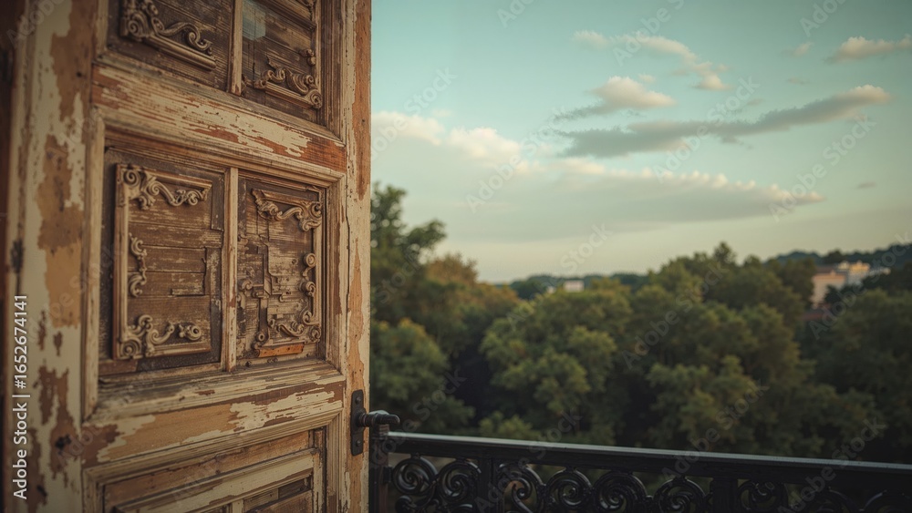 Obraz premium Wooden window viewed from the balcony angle