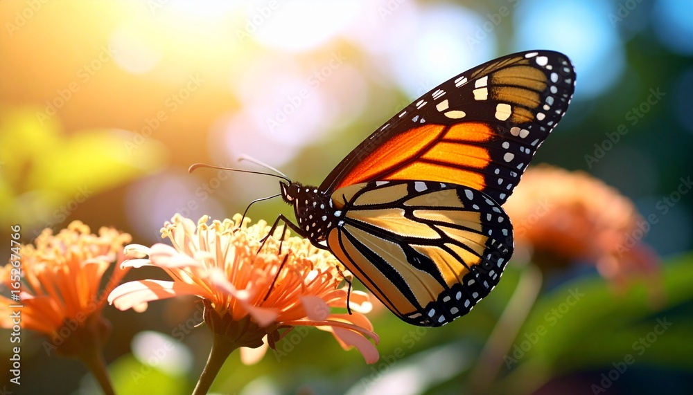 Obraz premium A monarch butterfly with vibrant orange and black wings delicately perches on a bright zinnia flower, bathed in soft golden sunlight, highlighting the serene beauty of nature