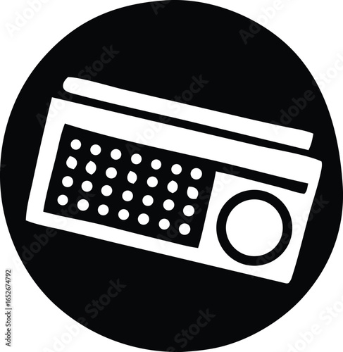 Retro portable radio with a prominent circular speaker and a textured keypad presented in a stark black and white graphic