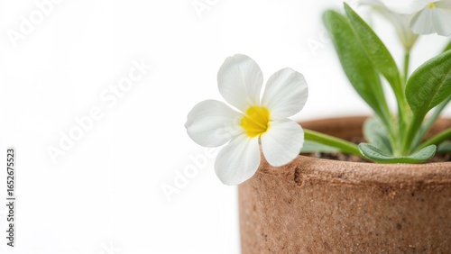 White primrose flower shown from the side, showcasing its yellow center, planted in a natural brown pot on a white surface.