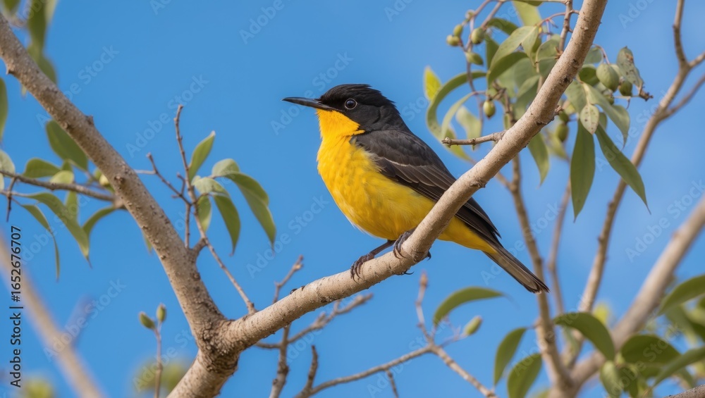 Fototapeta premium Tiny honeyeater sitting on a tree limb with a vibrant sky backdrop