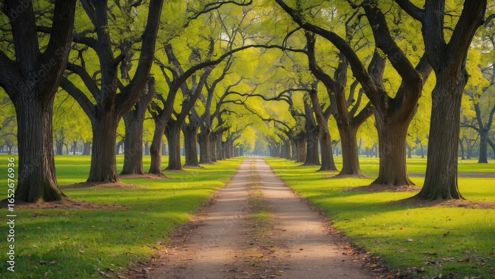 Obraz premium A scenic route through a grove of oak trees in the park