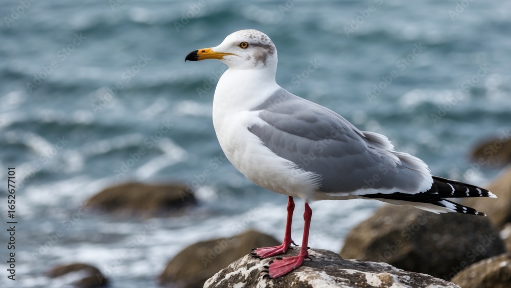 Fototapeta premium A seabird resting on rocky terrain