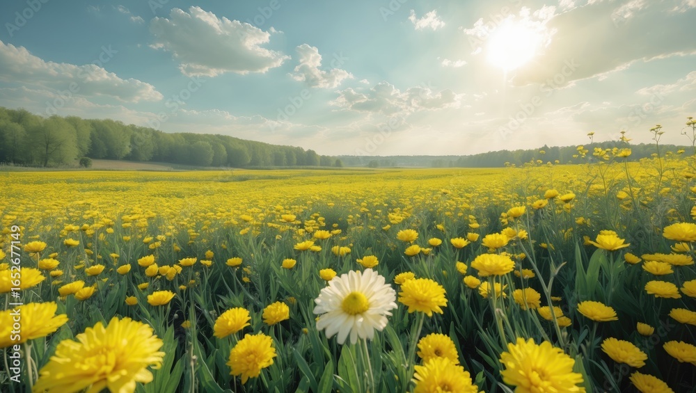 Fototapeta premium Wide-open grassy area filled with sunny yellow blooms