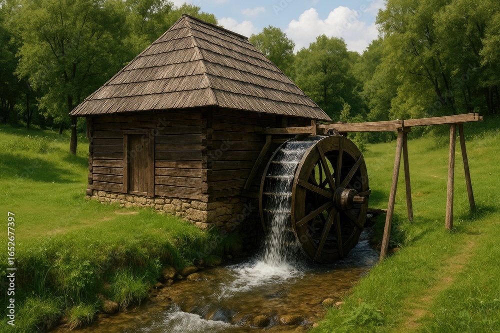 Obraz premium A historic 1935 water-powered mill near Dragasani's outskirts