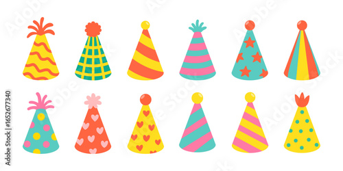 Collection of vibrant birthday party cone hats in playful designs with stars, stripes and dots, creative clipart set for holiday invitations, celebration decor and cheerful event graphics
