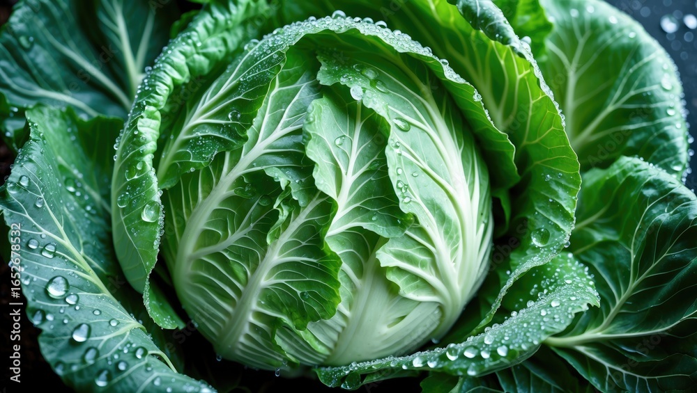 Fototapeta premium Close-up of a cabbage head adorned with shimmering droplets