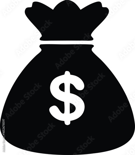 Simple black silhouette of a money bag with a prominent dollar sign symbolizing wealth and financial gain