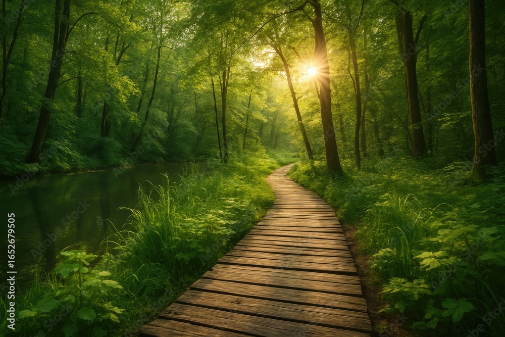 Obraz premium Winding Trail Surrounded by Verdant, Wild Forest with Sunbeams Illuminating the Forest Floor