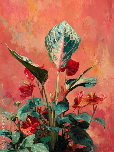 Anthurium plant with red flowers and green leaves in a colorful painting
