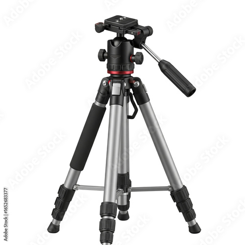 Professional camera tripod with pan tilt head isolated on transparent background