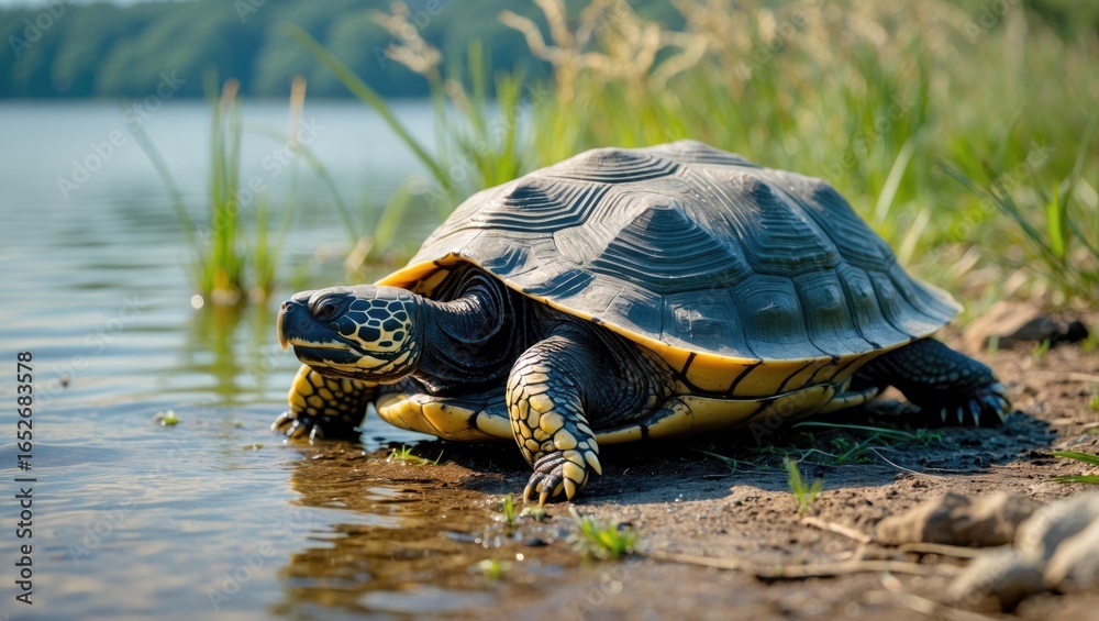 Obraz premium Mauremys caspica enjoying the sun by the water
