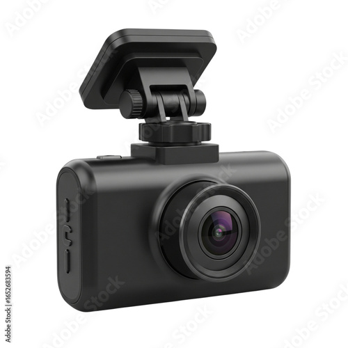 Black automotive dash camera with swivel mount isolated on transparent background