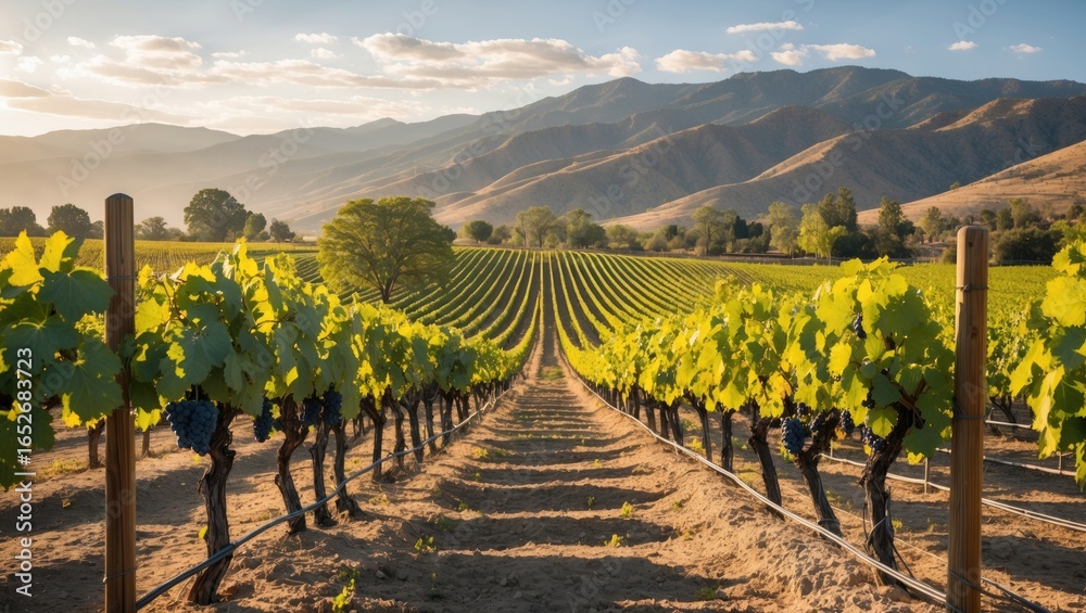 Naklejka premium Picturesque grapevine rows at a winery nestled in a lush valley