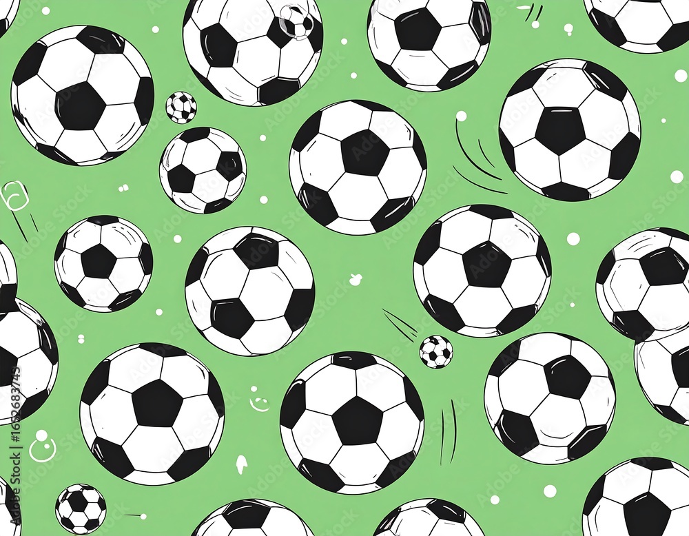 A playful pattern of soccer balls on a pastel green background A playful pattern of soccer balls on a pastel green background