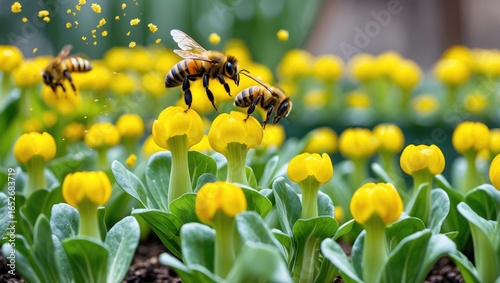 Fototapeta Naklejka Na Ścianę i Meble -  Buzzing bee visiting bright yellow bok choy flowers for pollination