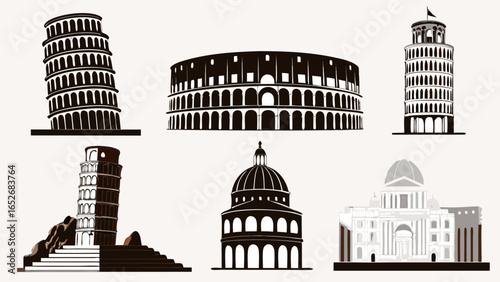 Illustration of the leaning tower of pisa, colosseum, and other buildings in black and white color scheme silhouette