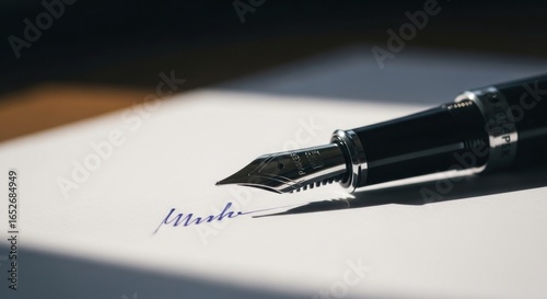 A fountain pen poised over a sheet of paper, a single line of writing in progress