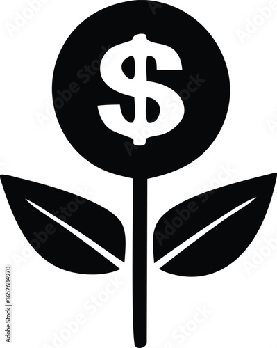 Stylized black and white icon of a dollar sign growing like a plant with two leaves symbolizing financial growth and investment