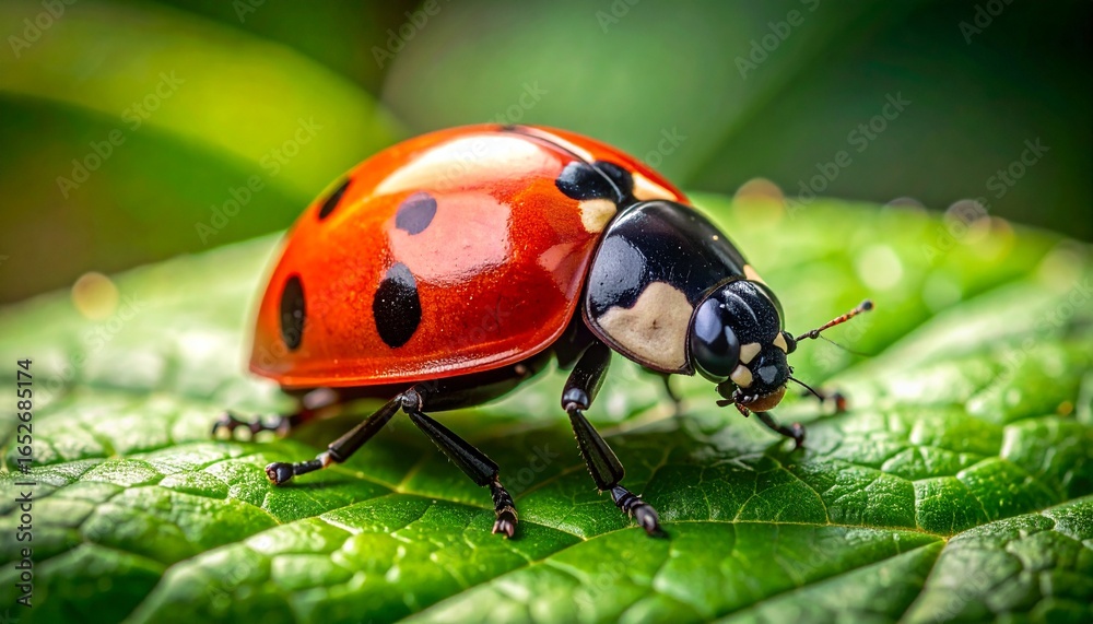 Obraz premium Close-up of a vibrant ladybug with distinct spots resting on a lush green leaf