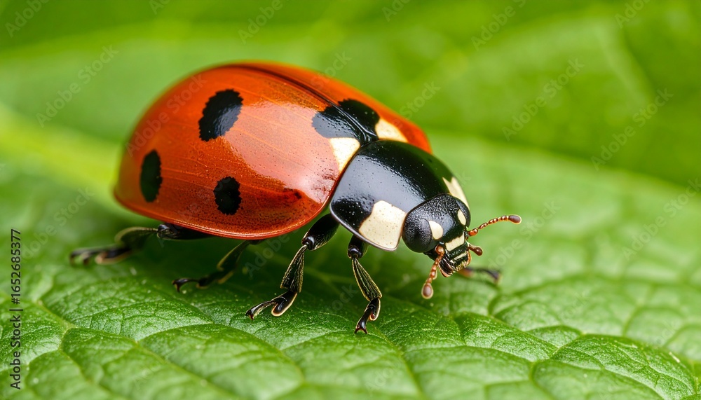 Naklejka premium Close-up of a Vibrant Ladybug on a Fresh Green Leaf A Natural Insect Beauty