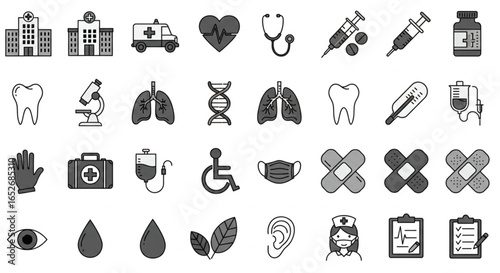 Medical Icons Set: Healthcare, Hospital, Ambulance, Anatomy, and Medical Equipment Symbols