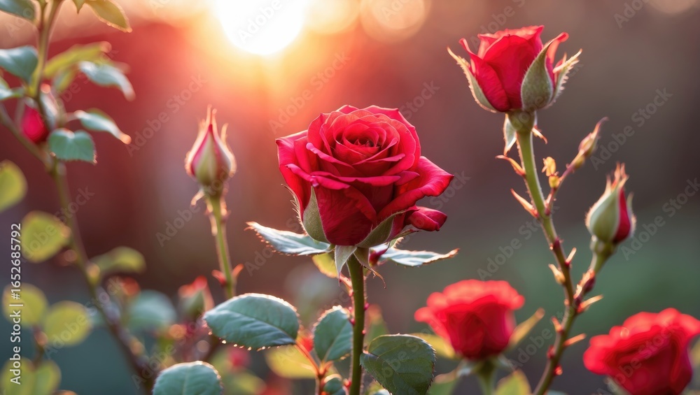 Obraz premium Close-up of a crimson rosebud bathed in early morning rays