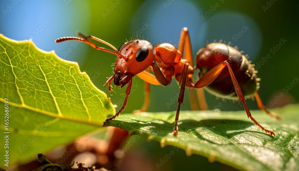 Naklejka premium Macro close-up of a red ant on a vibrant green leaf in its natural habitat.