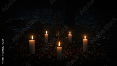 Glowing candles illuminating a dark forest, evoking a supernatural and ritualistic vibe.
