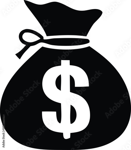 Iconic black and white silhouette of a money bag featuring a prominent dollar sign symbolizing wealth and financial success